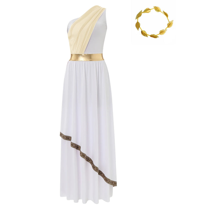 Women Halloween Ancient Greek Dress Ancient Greek Toga Costumes Robe One Shoulder Chiffon Overlay Tunic Dress with Headwear