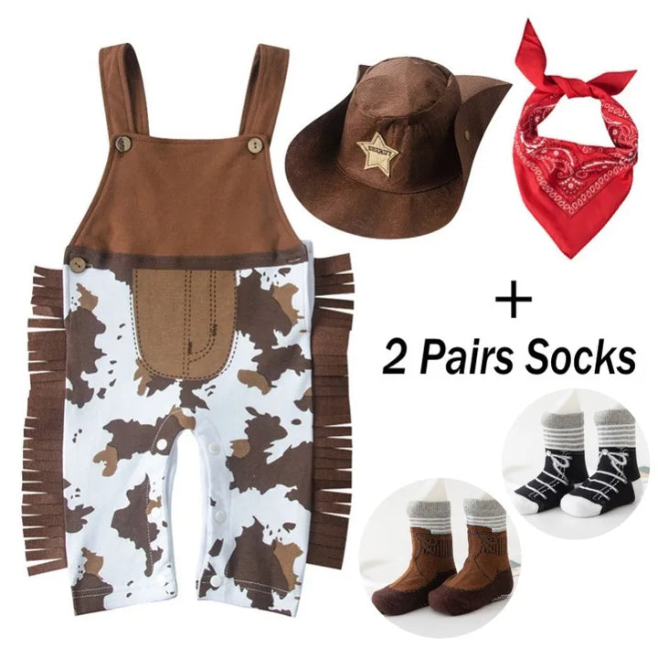 Baby Boy Clothes cowboy Costume Infant Toddler Cowboy Set 3Pcs Hat Scarf Romper Halloween Event Birthday Holiday Cosplay Outfits