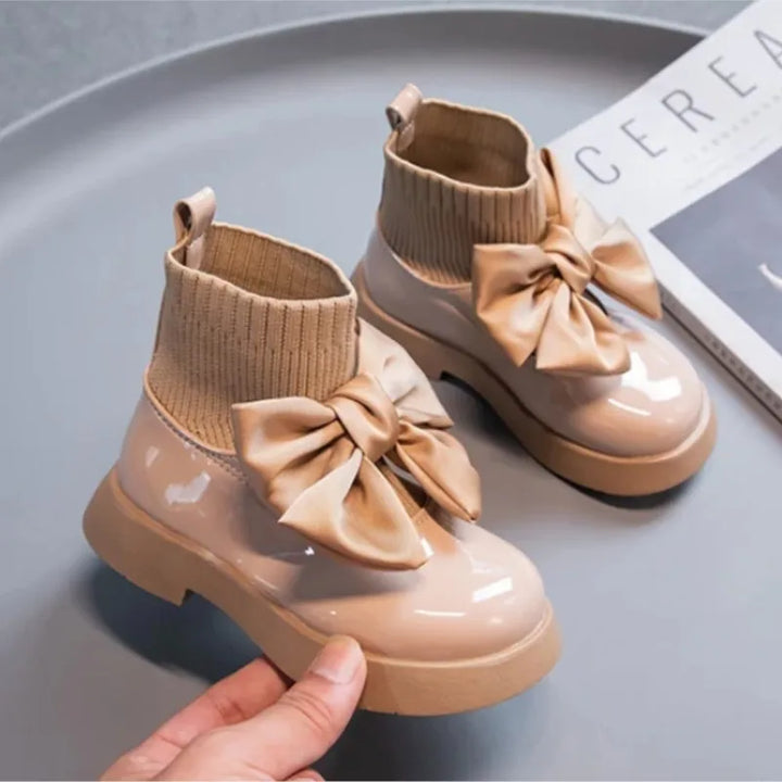 Children's Boots Fashion PU Solid Black Bow Girls Uniform 2025 Spring and Autumn New Kids Fashion Flying Knit School Socks Shoes