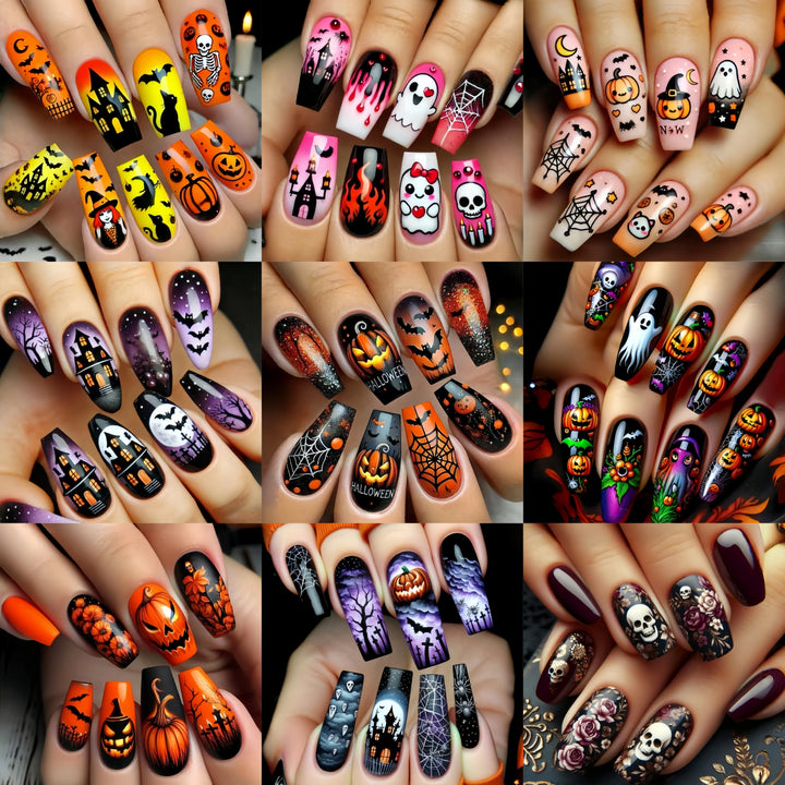 Halloween Fashion Nail Art 216 pieces Nail art patch set Pumpkin Moon Bat Flower Table Nail Art patch Detachable nail art mid-le