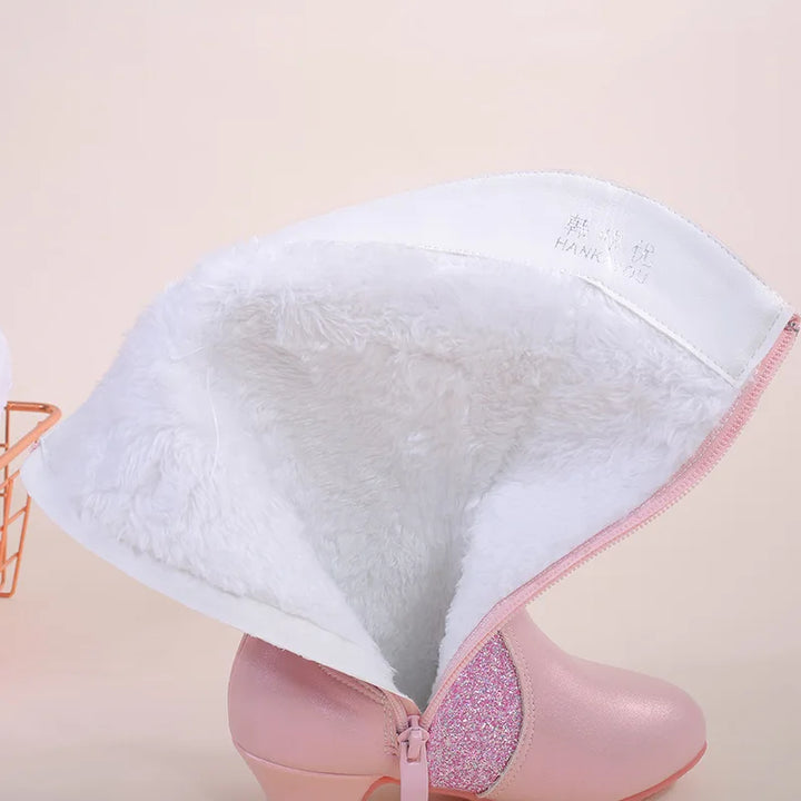 2025 Girls High Heel Boots Children's Sequins Rhindiamonds Butterfly-knot Princess Boots with Velvet Warm Mid-tube Kids Boots