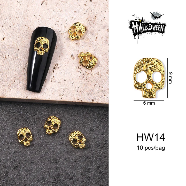 Halloween Alloy Nail Art Charms 3D Ghost Skull Pumpkin Golden Silver Classic Nails Jewelry Ornaments DIY Manicure Accessories