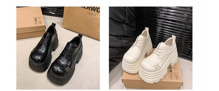 Women's Leather Sneakers New High Platform Lace-up Casual Shoes Thick Sole 10CM Heels Walking Shoes Zapatos Mujer