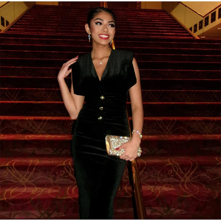 Elegant Velvet Long Dress Women V Neck Sleeveless High Waist Shoulder Pad Dress.