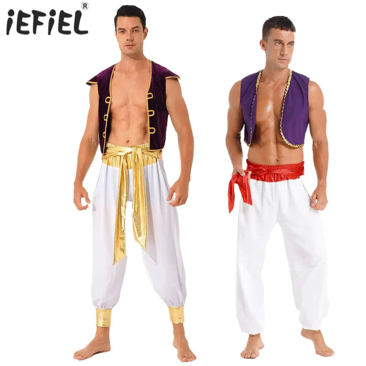 Mens Halloween Costume Mythical Arabian Prince Carnival Cosplay Party Outfit Sequin Trim Waistcoat with Belted Pants