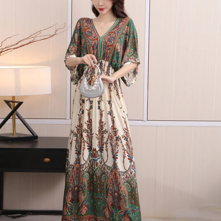 V-neck Large Skirt Hem Casual Sweet Long Dress Bat Sleeves Elastic Waist Bohemian Print Floral Elegant .