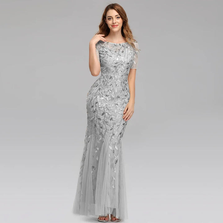 Gorgeous Round Neck Short Sleeves Sequined Mermaid Evening Dress