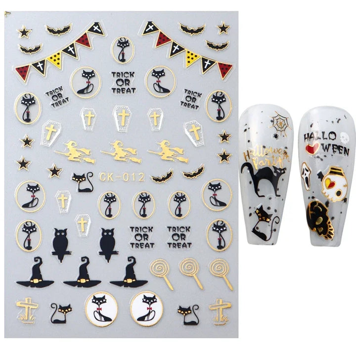 Halloween Nail Art Stickers Cute Halloween Nail Decals Self-Adhesive Ghost Pumpkin Bat Cat Skull Holiday Designs Nail Supplies