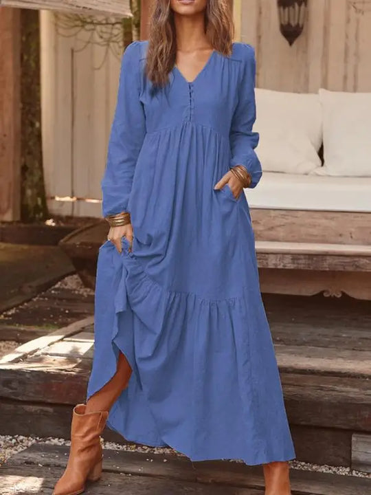 Cotton Linen Women Long Dress.New Look Fashion V-Neck Casual Solid Long Sleeve A-Line Sexy  Elegant Ruffles