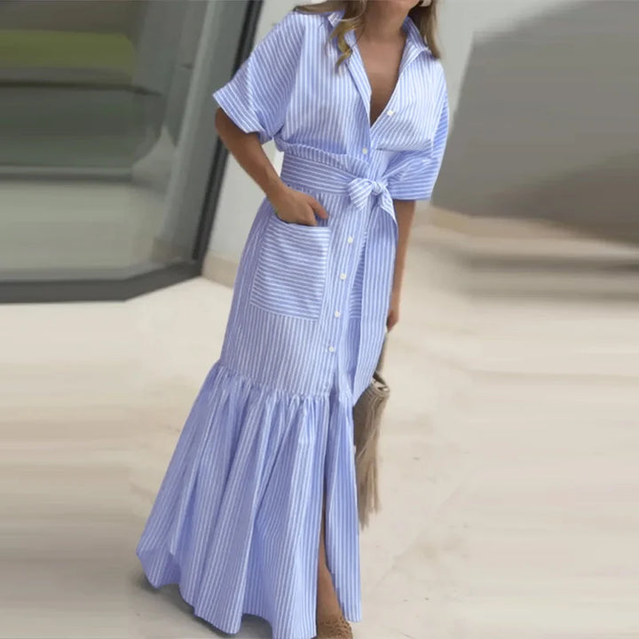 Elegant Striped Printing Short Sleeve Maxi Long Dress Casual Daily Bohemian.