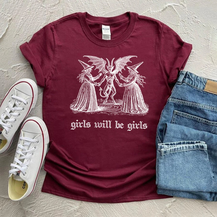 Girls Will Be Girls Witch Shirt Vintage Halloween T-Shirt Funny Feminist Tee Ironic Shirts Aesthetic Tshirt Spooky Witchy Tops