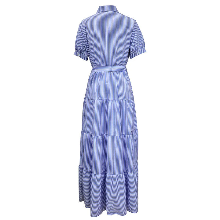 New Fashion Stripe Printed Short Sleeve Loose Waist Strap Long Collar Ankle Single Breasted Dress