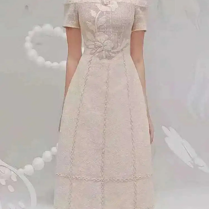 Elegant Long Dress Fairy Style Embroidered Flower Waist O Neck Short Sleeve Fashion Women Dress