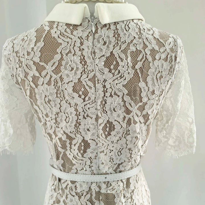 Luxury Crystal White Lace Embroidery Pencil Dress Elegant Short Sleeve Single Breasted Midi Dress.