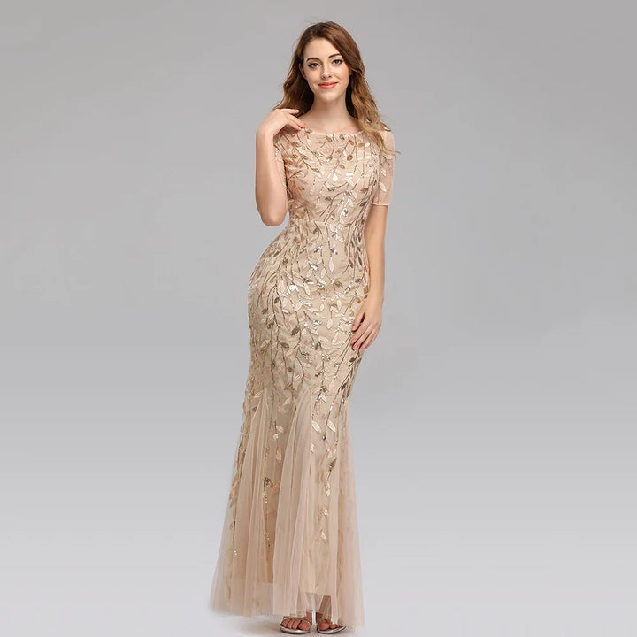 Gorgeous Round Neck Short Sleeves Sequined Mermaid Evening Dress