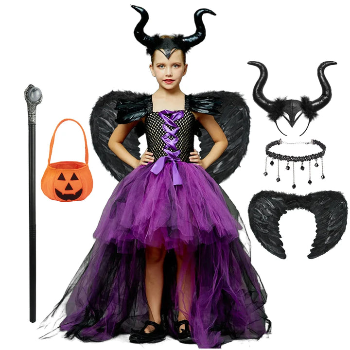 Halloween Children Costume Tulle Dress Girls Cosplay Vestidos Party Evil Queen Mesh Princess Dress Kids Crow Wand