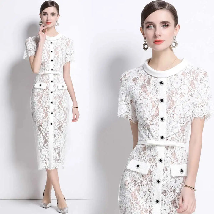 Luxury Crystal White Lace Embroidery Pencil Dress Elegant Short Sleeve Single Breasted Midi Dress.