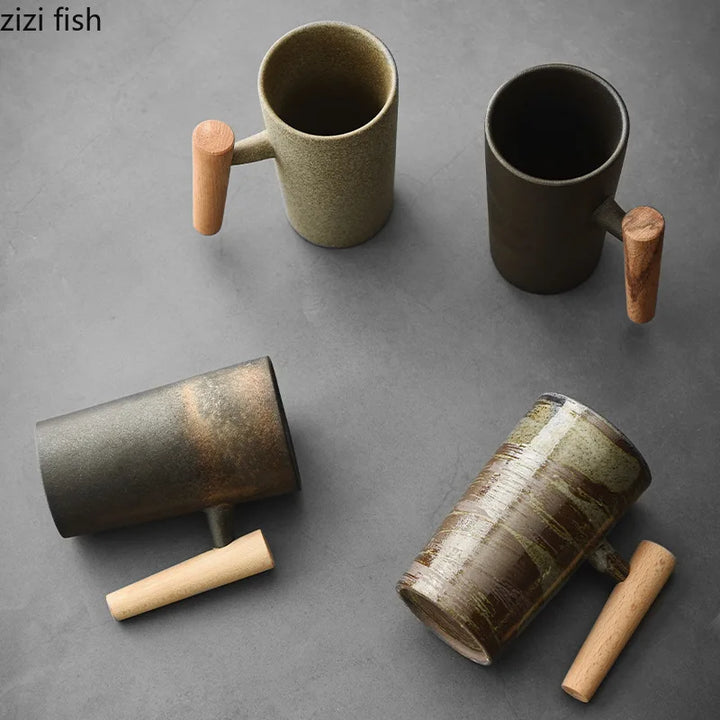 Ceramic Mug with Wooden Handle Coffee Cup Oatmeal Breakfast Cups Couple Water Cups Milk Mug Milk Tea Cup Juice Glasses Tea Mugs
