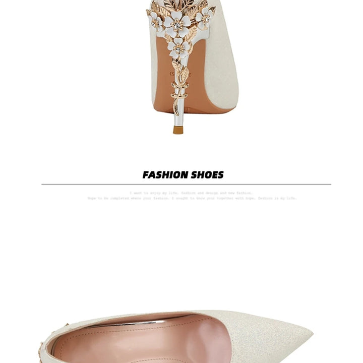 Light Luxury Sexy Women Dress Shoes 2025 Autumn Metal Flower Fashion High Heel Wedding White Pointed Sequins Shiny Female Pumps