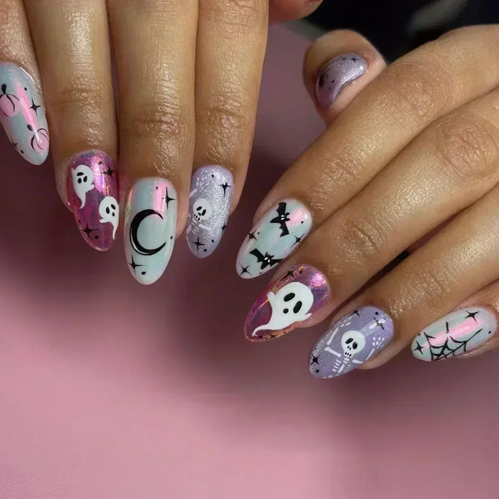 24Pc Halloween False Nails with Almond Head Designs Cute Clown Fake Nails French Full Cover Manicure Press on Nail Tips for Girl