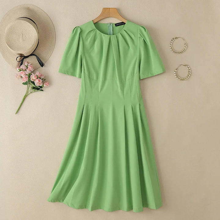 ZANZEA Office Lady Dresses Women Solid Pleated Dress Elegant Short Sleeve Party Vestidos Stylish Holidays Midi Dress