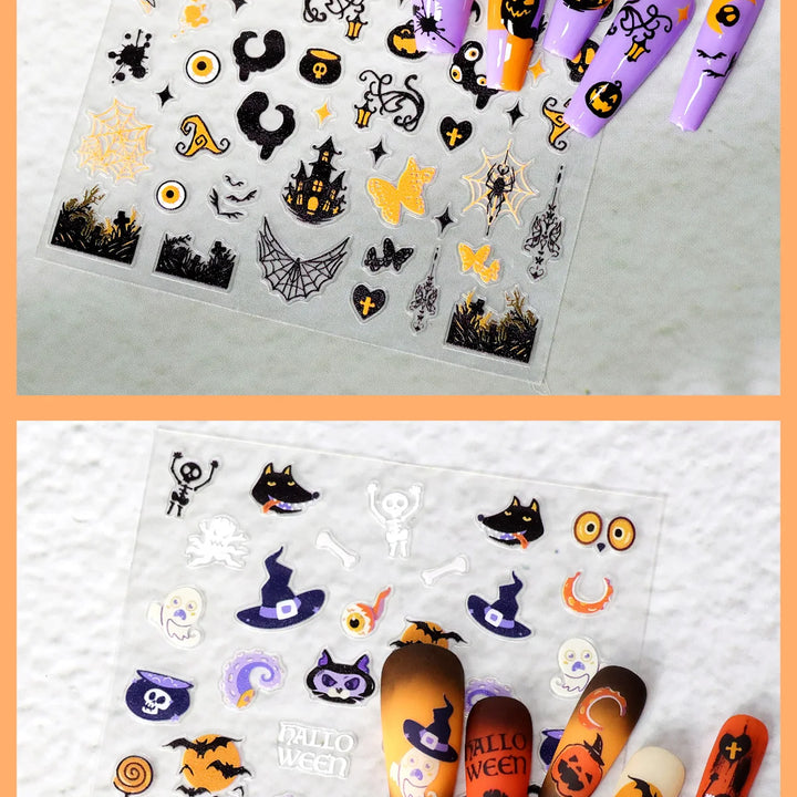 1pcs/3pcs Halloween Nail Stickers Skull Pumpkin Head Bat Nail Stickers Nail Art DIY Self-Adhesive Decals For Festive Manicure