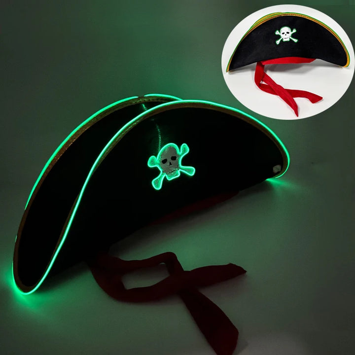 Adults Black Pirate Hats with Skull Pattern Halloween Cosplay Props Parties Caribbean Pirate Costume Hats LED Glowing Party Hat