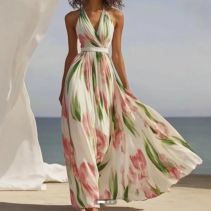 Summer Women's V-neck Fashionable Printed  Style Long Suspender Dress Elegant Long Dress