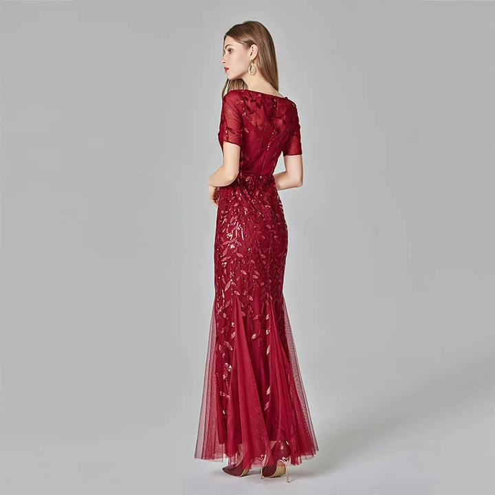 Gorgeous Round Neck Short Sleeves Sequined Mermaid Evening Dress