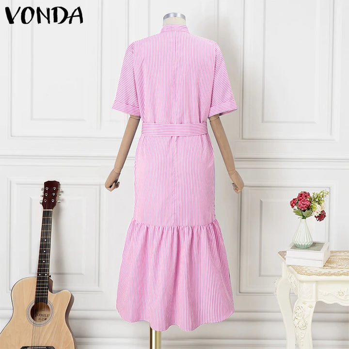 Elegant Striped Printing Short Sleeve Maxi Long Dress Casual Daily Bohemian.