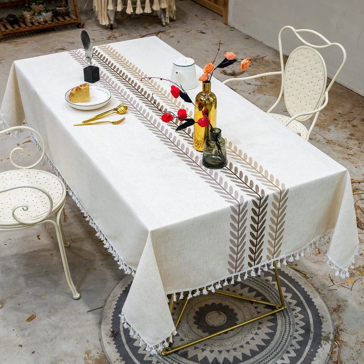 orthern European simple tassel cotton linen table cloth embroidery flower leaves party American decorative dust table cloth