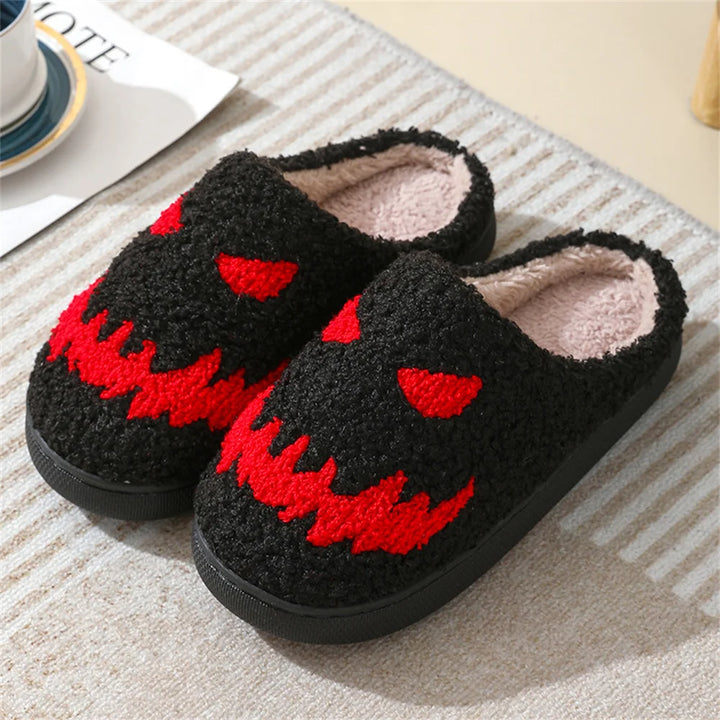 Halloween Cotton Slippers For Women Pumpkin Ghost Bat Soft Plush Non-Slip Shoes For Home Party And Winter