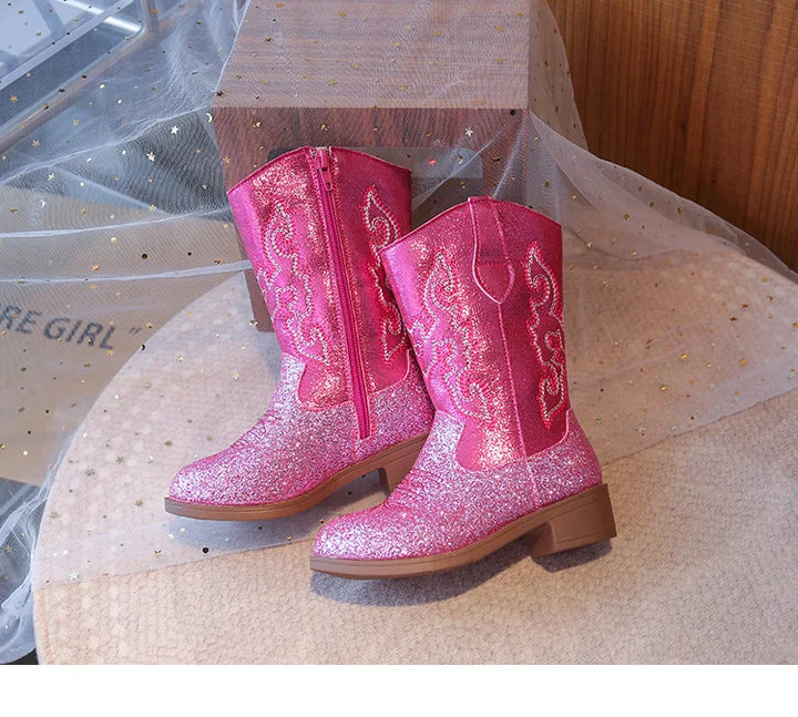 Girls Boots Toddler Snow Gear Mid Calf Glitter Western Cowboy Boot 2025 Autumn Big Kid Riding Girls Botas Size 27-36 Kids Shoes