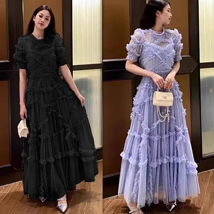 Quality Vintage Layers Ruffle Cake tulle Long Dress Women Blue Dots Elegant Party Evening Vestidos