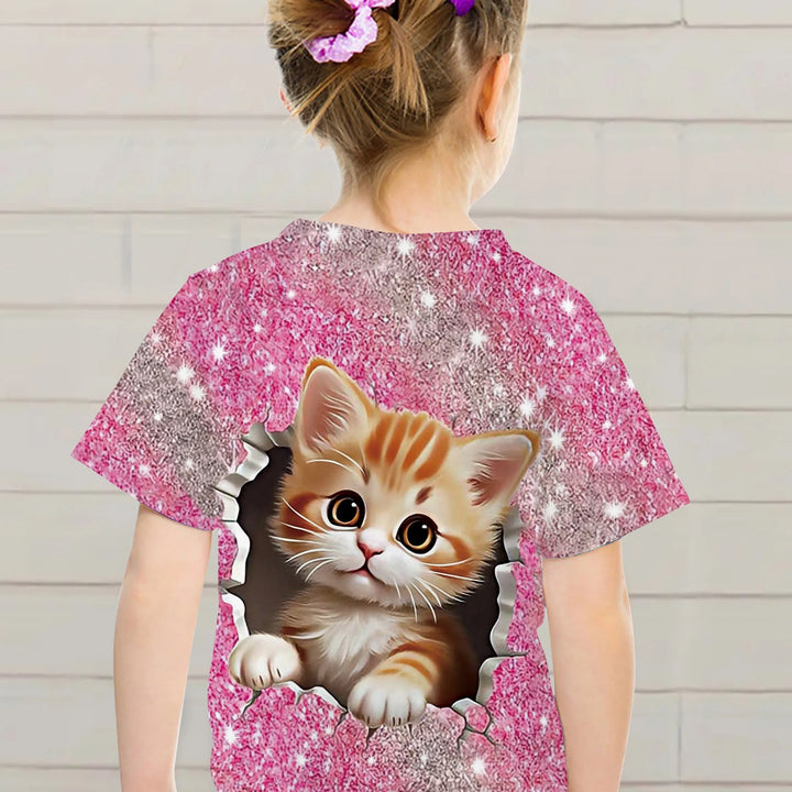 T-Shirt for Girls Cute Kitten Girls Clothes Kids T-Shirt Summer Short Sleeve Children Outdoor Sports Tops T-Shirt for Girls