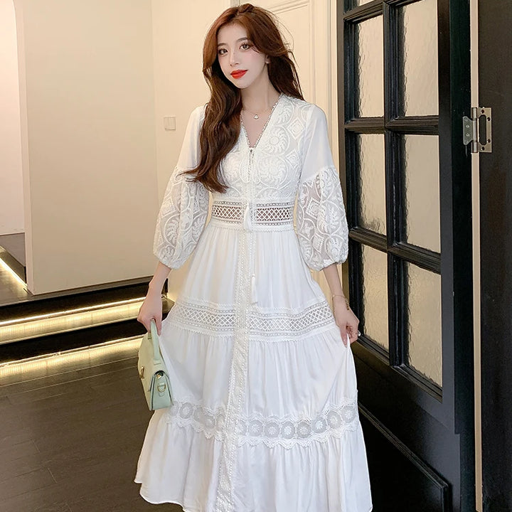 White Long Dress Boho Hollow Out Dress Ladies Elegant Vintage Loose Vestidos
