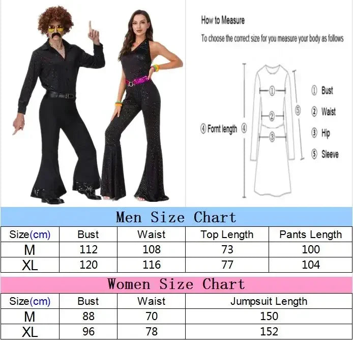 70's Disco Couple Costume Halloween Cosplay Costumes Vintage 80's Hippies Costume Men Women Music Festival Party Outfits
