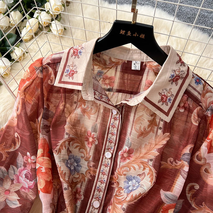 New Retro Court Printed Lapel Lantern Sleeve Cinched Waist Single Breasted Long Sleeve Elegant Long Dress
