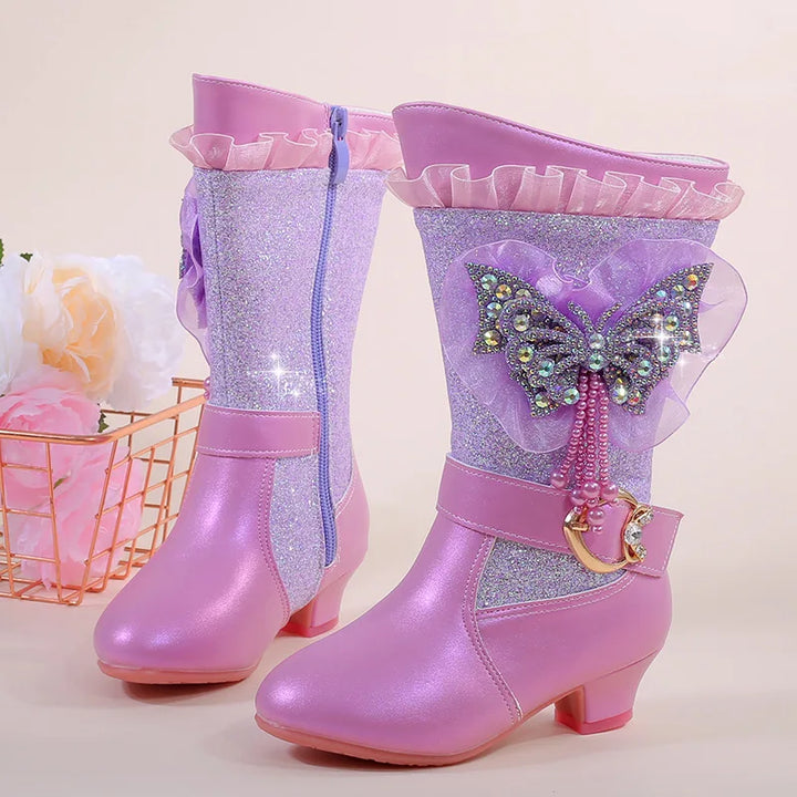 2025 Girls High Heel Boots Children's Sequins Rhindiamonds Butterfly-knot Princess Boots with Velvet Warm Mid-tube Kids Boots