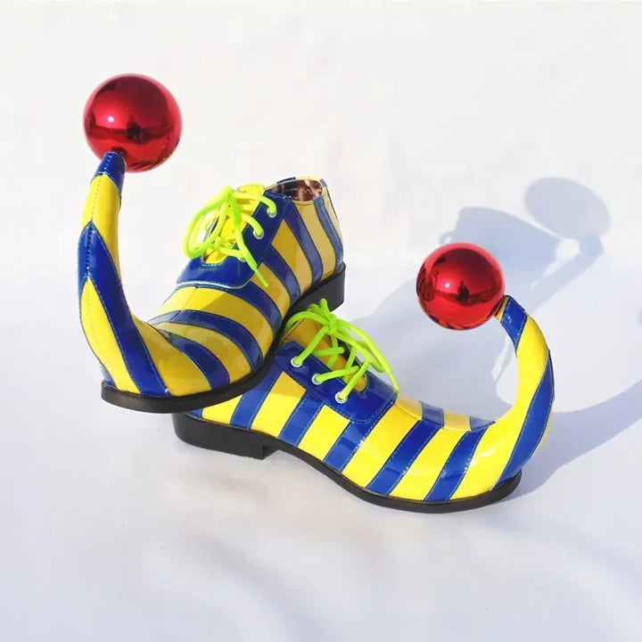 Adults Halloween Clown Cosplay Shoes Funny Circus Club Clown Performance Stripe Clown Shoes With Red Ball Carnival Cosplay Shoes