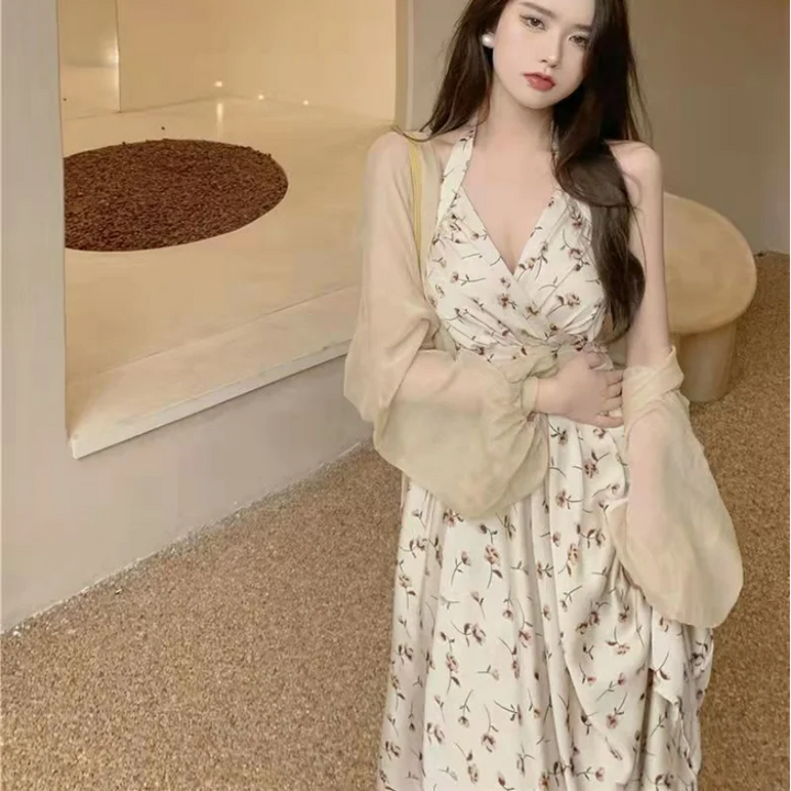 New Gentle Wind Fragmented Flower V-Neck Sling Dress Set Waist Wrap Neck Hanging Long Dress Thin Protection Cardigan