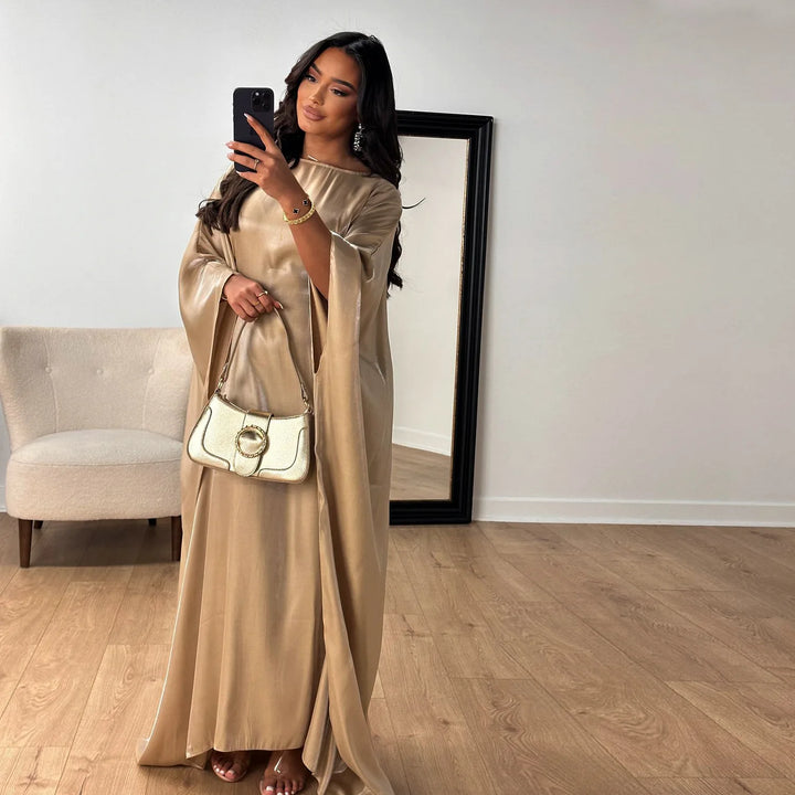 Tossy Autumn Loose Shiny Maxi Dress Butterfly Batwing Long Sleeve Muslim Clothes Party Solid Female Long Dress New