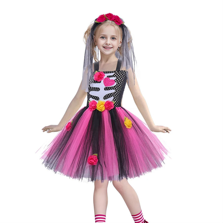 Halloween Kids Dress Cosplay Heart Print Skeleton Costumes Girls Floral Skull Tutu Clothes Children Carnival Performance Outfits