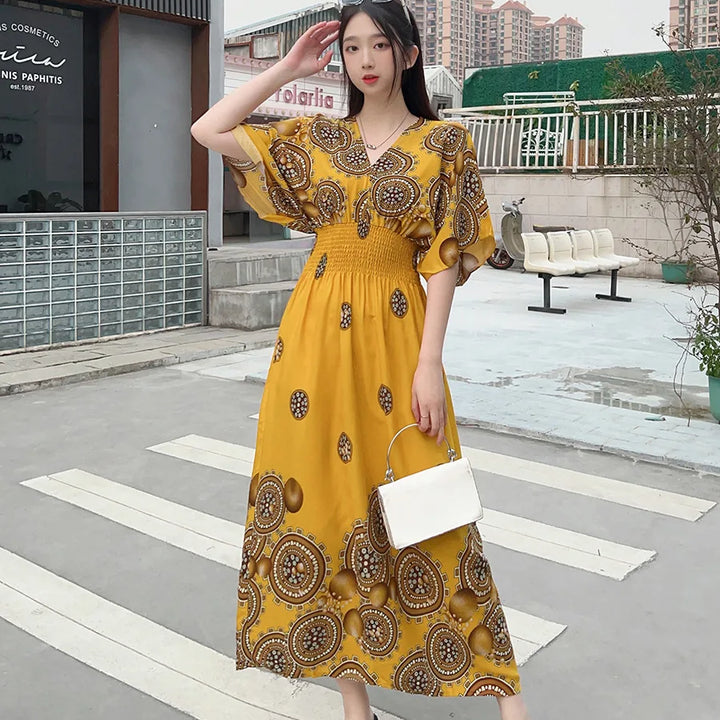 V-neck Large Skirt Hem Casual Sweet Long Dress Bat Sleeves Elastic Waist Bohemian Print Floral Elegant .