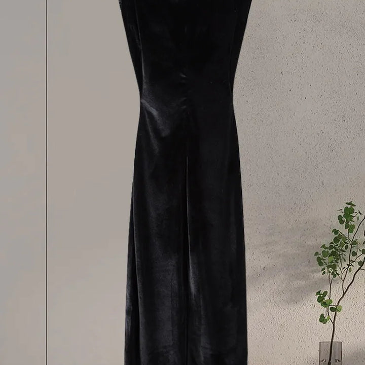 Elegant Velvet Long Dress Women V Neck Sleeveless High Waist Shoulder Pad Dress.
