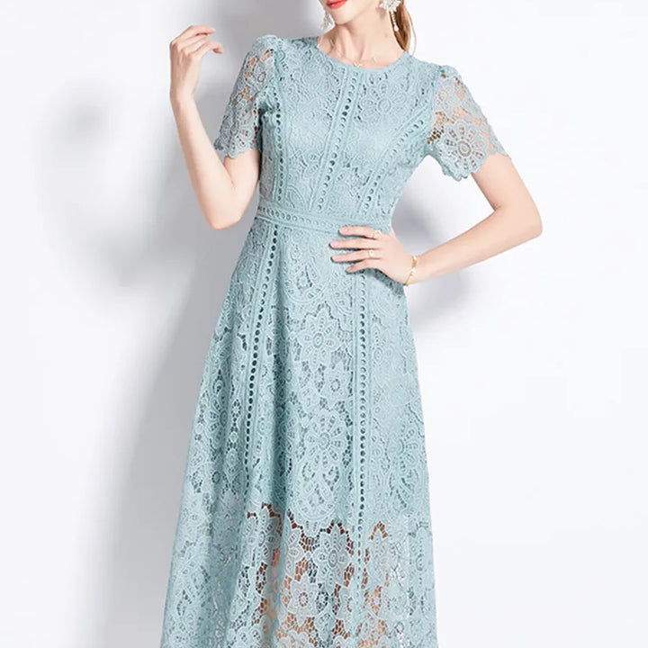 JAMERARY Vintage Holiday Lace Hollow Out Prom Dress For Women's Slim Elegant Short Sleeve Long Dress Female Clothing