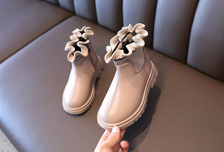 Girls Boots Fashio Knitted Ankle Boots Autumn Winter Soft Leather Slip on Kids Shoes Princess Non-slip Plush Snow Boots ботинки