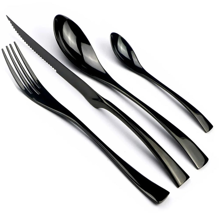 24Pcs Shiny Black Cutlery Set Stainless Steel Dinnerware Sharp Steak Knife Forks Coffee Spoons Tableware Kitchen Silverware Set