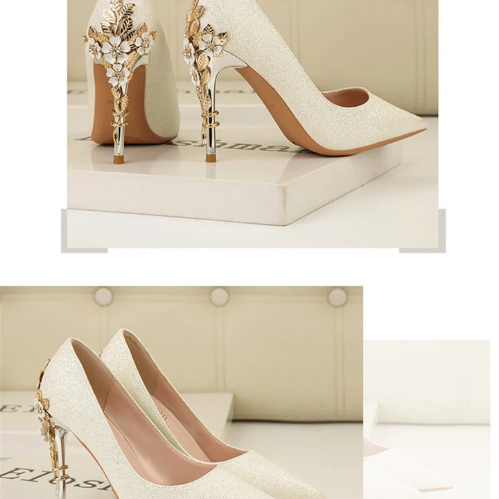 Light Luxury Sexy Women Dress Shoes 2025 Autumn Metal Flower Fashion High Heel Wedding White Pointed Sequins Shiny Female Pumps