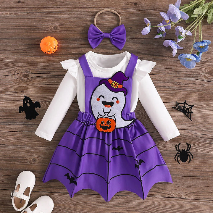 Baby Girls Halloween Clothing Set Cute Ghost Pumpkin Face Applique Suspender Dress with Rompers Carnival Party Cosplay Costume